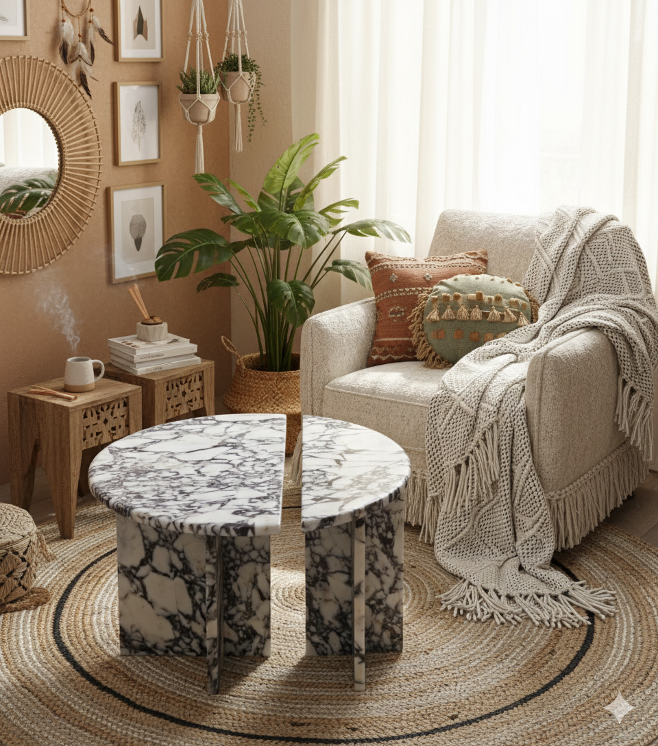 Calacatta viola coffe table -luxury table -2 piece half moon